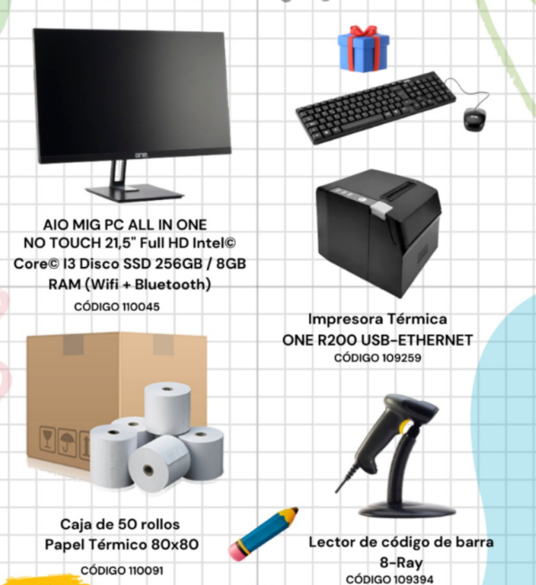 PROMOCION PC AIO I3 8GB + IMPRESORA 80MM + LECTO + 50 ROLLOS PAPEL 80MM